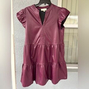 Pinch V-neck Faux Leather Boho Pockets Ruffle Sleeve Tiered Babydoll Dress Med